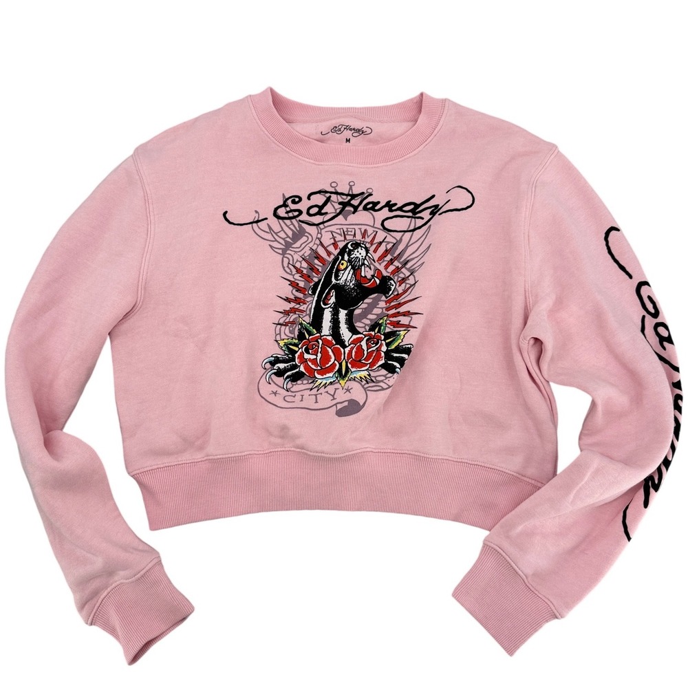 Ed Hardy Pink Cropped Sweatshirt Panther Rose Tattoo Graphic Womens Size M‎